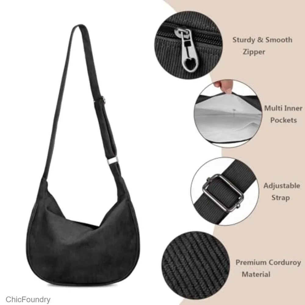 Corduroy Crossbody Hobo Bag, Adjustable Strap, Zipper Compartment, Small Size